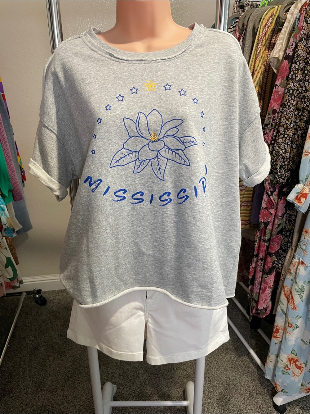 Gray Mississippi French Terry Top with Blue Floral Logo